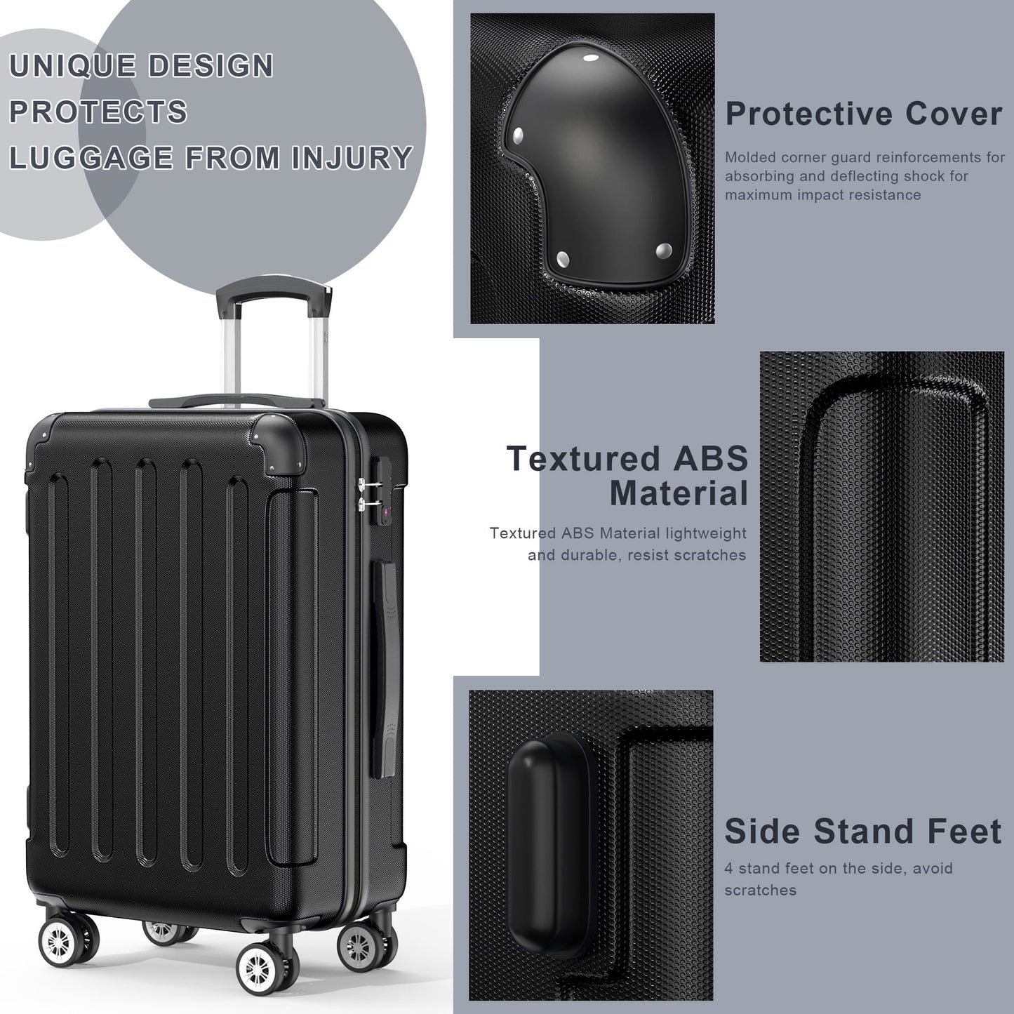 Sunbee 3 Piece Luggage Sets Hardshell Lightweight Suitcase with TSA Lock Spinner Wheels, Black