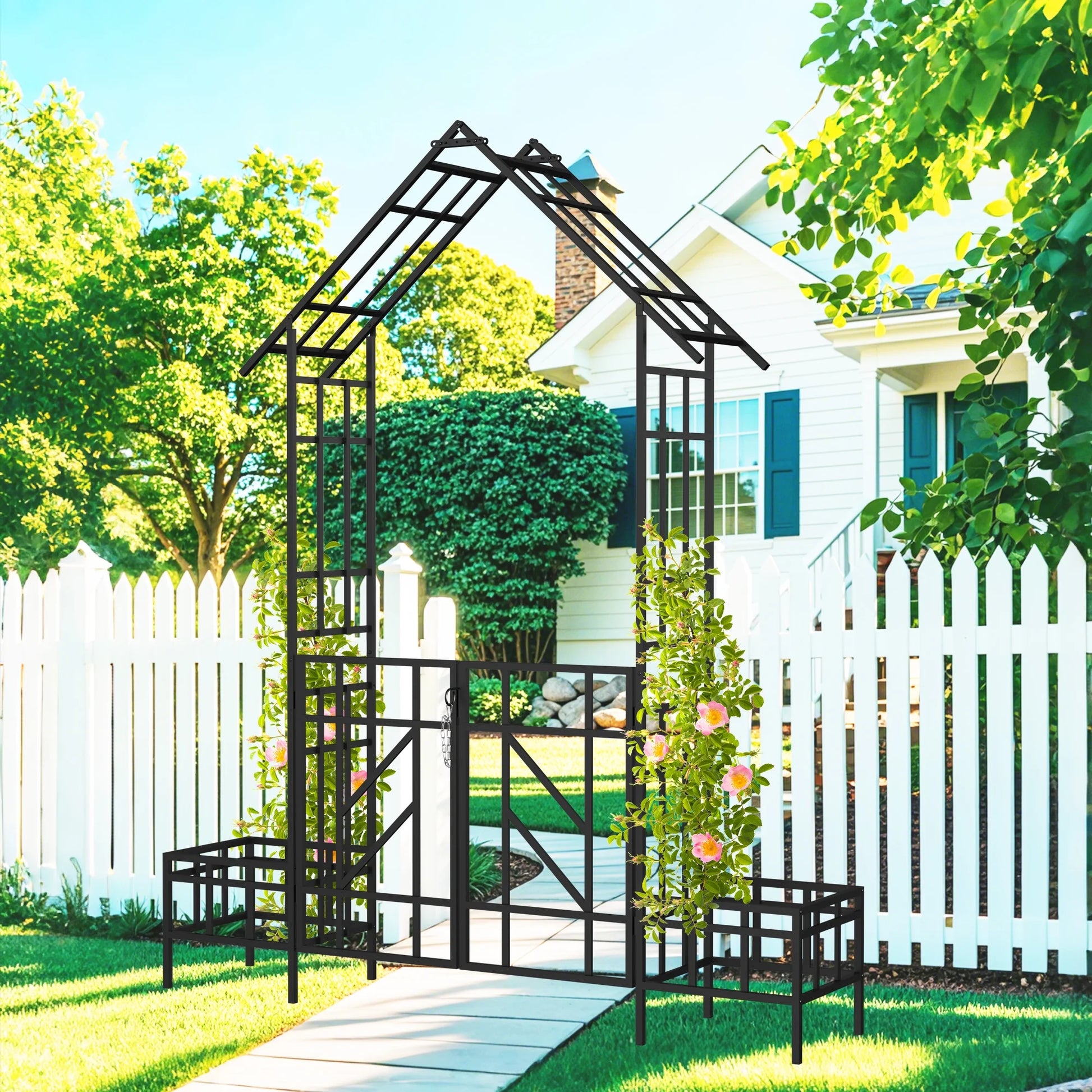 Garden Arch Metal Garden Arch with Gate with planter W80.71*H97.24 Climbing Plants Support Rose Arch Outdoor Black,Garden Trellis
