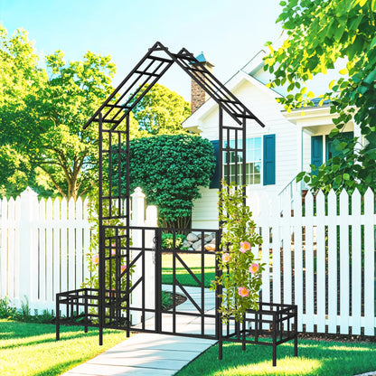 Garden Arch Metal Garden Arch with Gate with planter W80.71*H97.24 Climbing Plants Support Rose Arch Outdoor Black,Garden Trellis