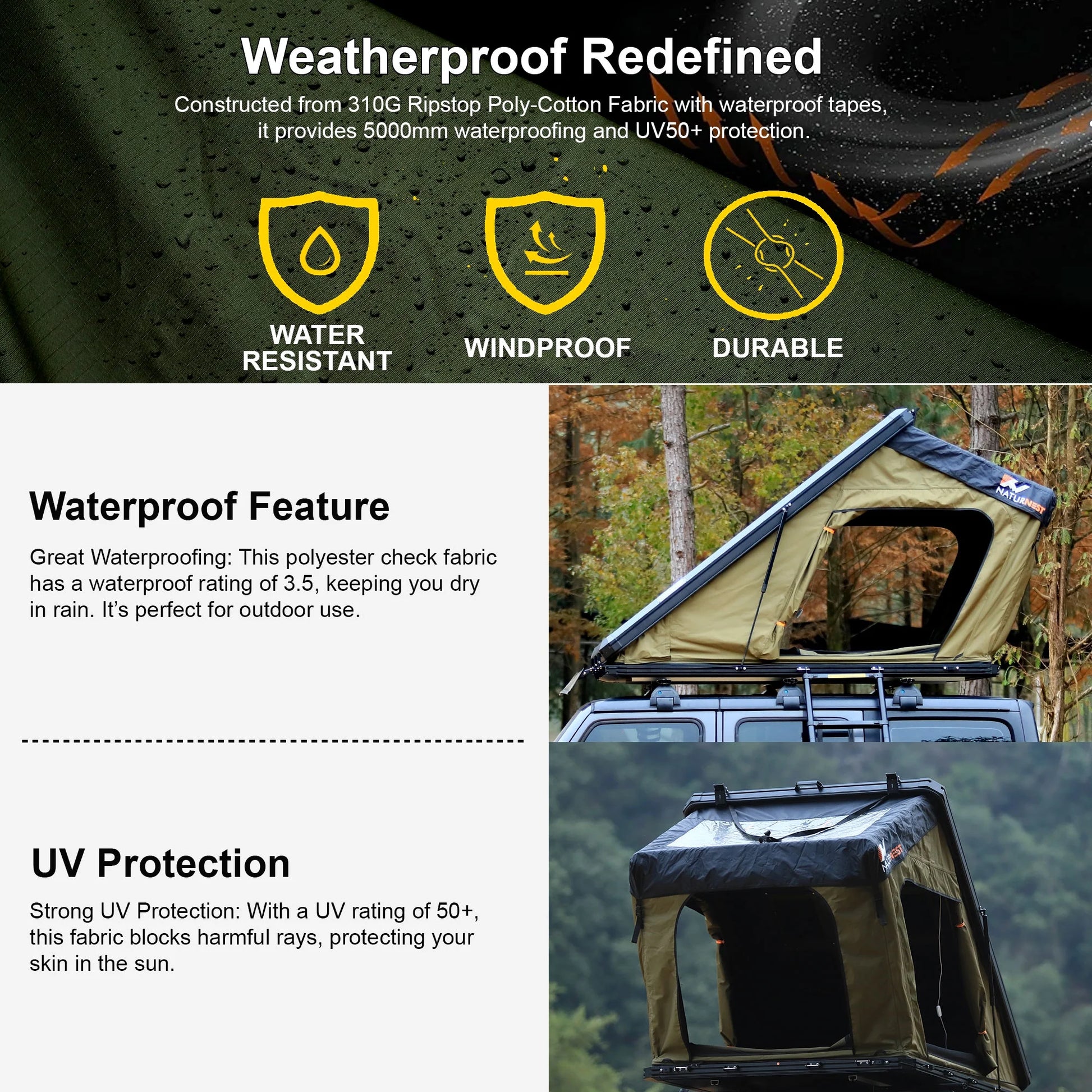 Naturnest Rooftop Tent Hardshell, Enlarged Area Roof Top Tent with Luggage Rack, Roof Tent for Vans, Jeeps, SUVs, Trucks, Camping Roof Tent Hard Shell Roof Tent, Camping, 2-3 Person Tent (Black)