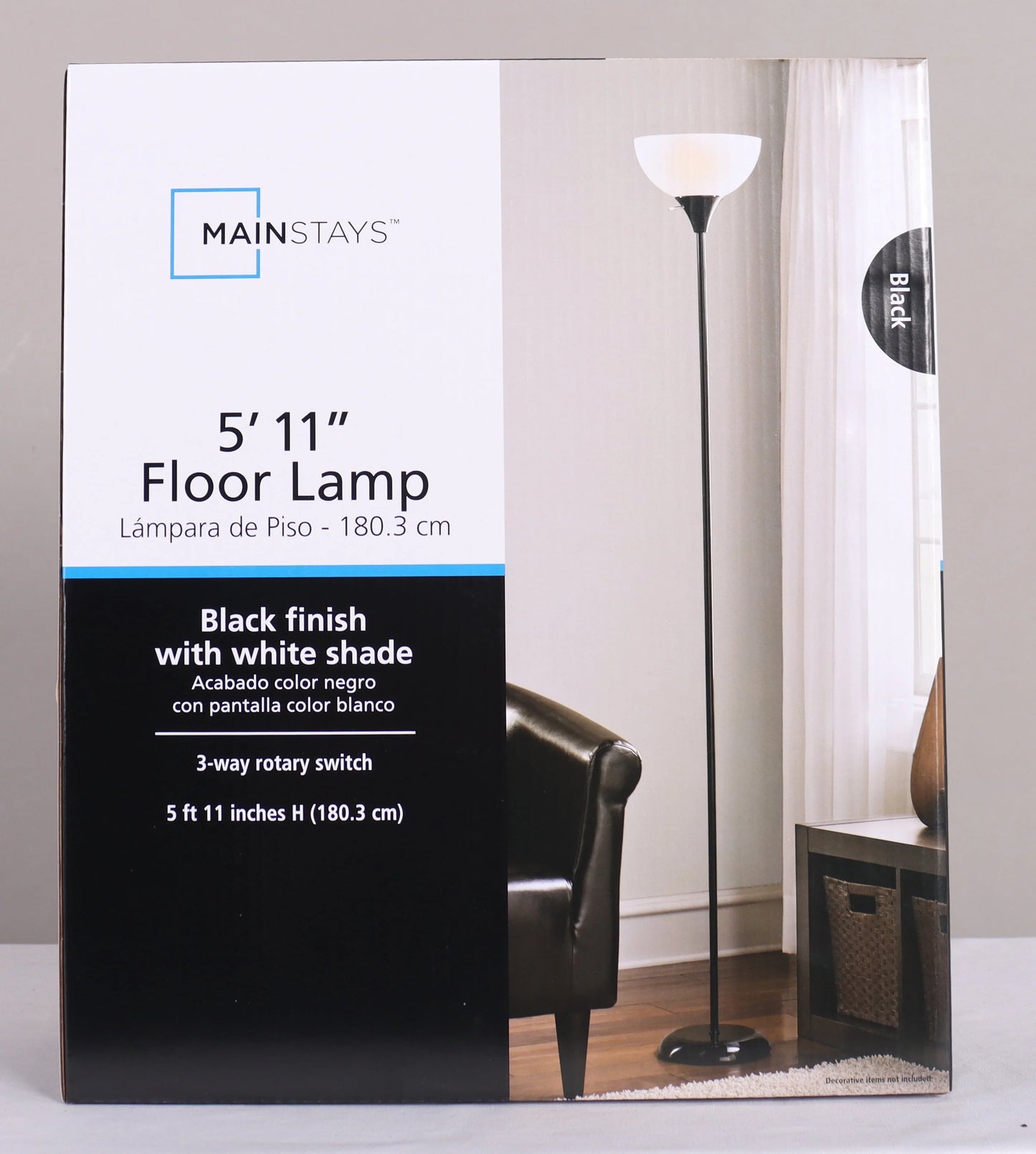 Mainstays 71" Floor Lamp, Black Plastic , Modern Styling for Young Adult Dorm or Adult Home Office.