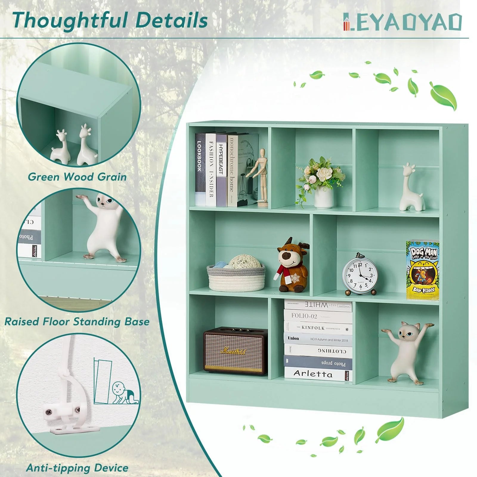 8 Cube Bookshelf with Base,3 Tier Modern Mint-Green Bookcase,Standing Wide Bookshelves Storage Organizer Toy Shelf,Wood Display Children's Book Shelves for Bedroom,Living Room,Nursery