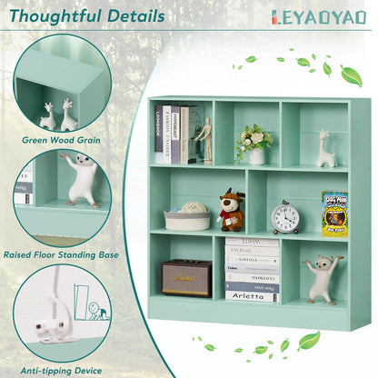 8 Cube Bookshelf with Base,3 Tier Modern Mint-Green Bookcase,Standing Wide Bookshelves Storage Organizer Toy Shelf,Wood Display Children's Book Shelves for Bedroom,Living Room,Nursery
