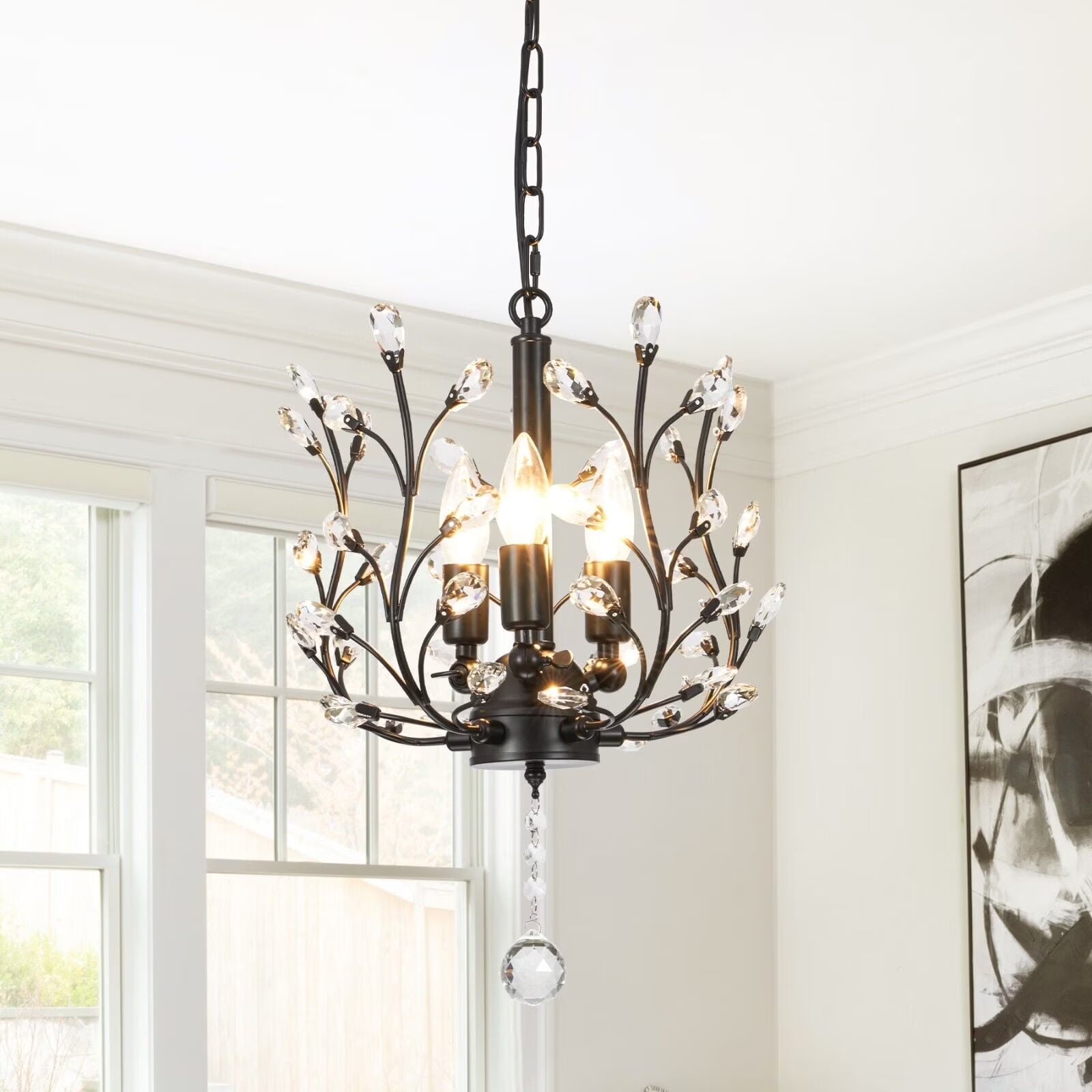 FINE MAKER 18-inch branch flower-shaped crystal chandelier, 3-head living room chandelier, bedroom study lighting fixture (black)