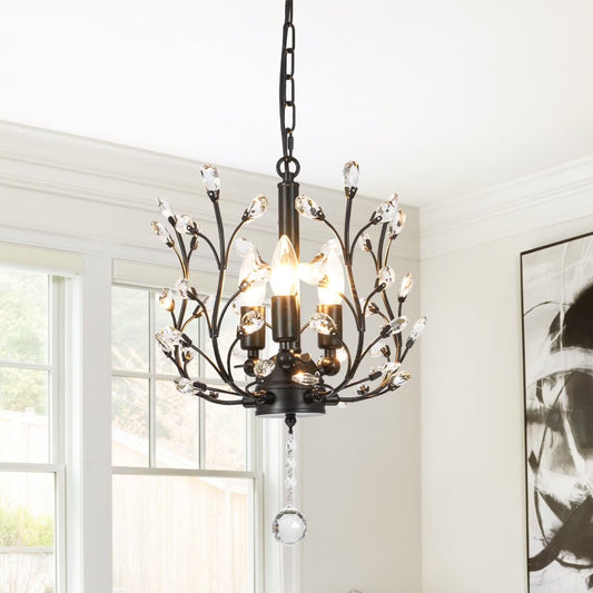 FINE MAKER 18-inch branch flower-shaped crystal chandelier, 3-head living room chandelier, bedroom study lighting fixture (black)