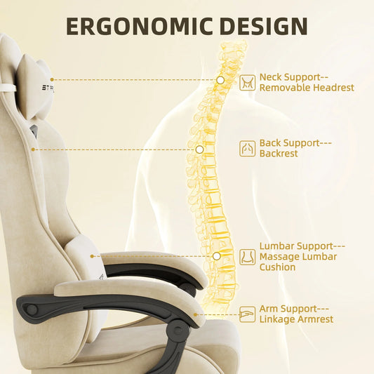 Huracan Velvet Fabric Gaming Chair High Back Computer Chair with Footrest and Lumbar Cushion Ergonomic PC Gamer Chiar for Adults Racing Video Gaming Chair for Home Office,Beige