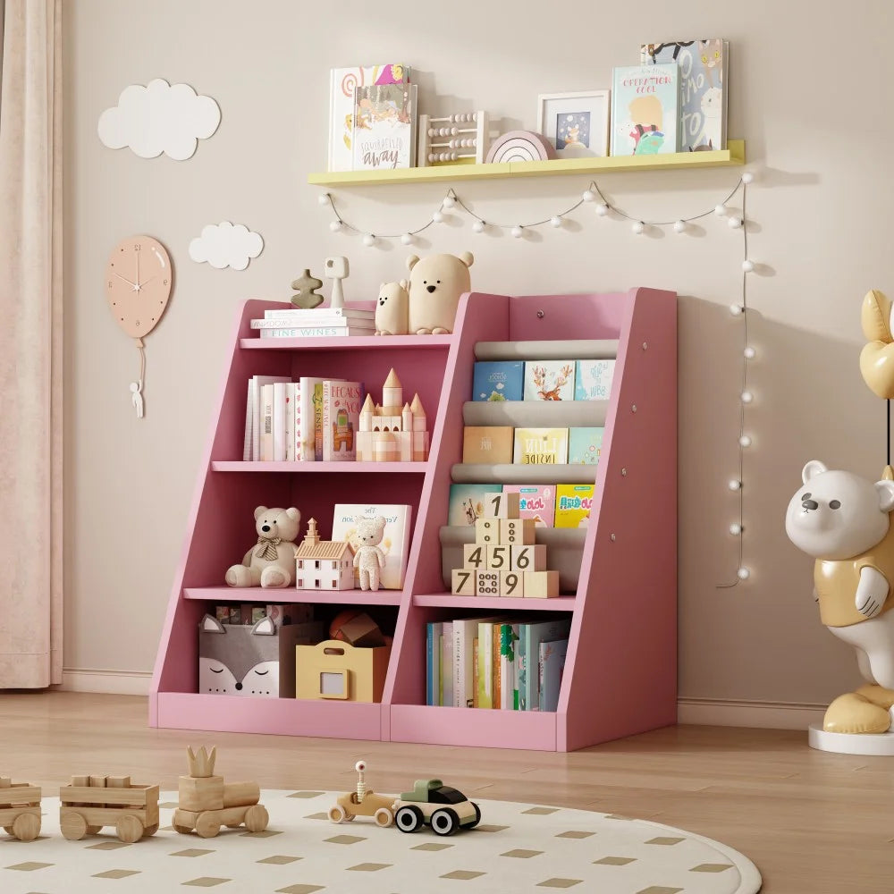 IVV Montessori Kid Bookshelf, Modern Wood Bookcase 4 Tier Children Book Rack Display Toy Storage Organizer Sling Book Rack for Classroom Bedroom Nursery Playroom (Pink)