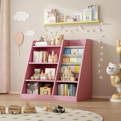 IVV Montessori Kid Bookshelf, Modern Wood Bookcase 4 Tier Children Book Rack Display Toy Storage Organizer Sling Book Rack for Classroom Bedroom Nursery Playroom (Pink)