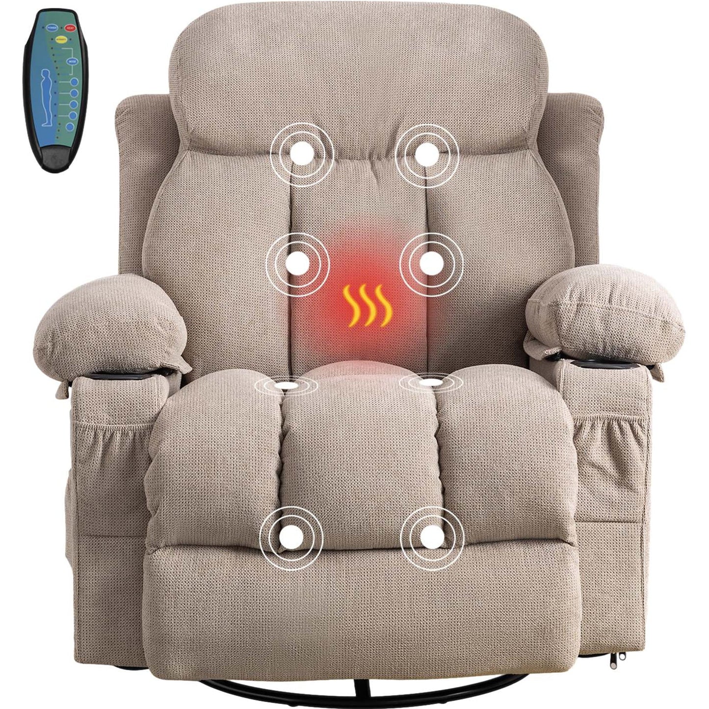 SYNGAR Manual Recliner Chair with Heat and Massage Function, Fabric Upholstery Recliner for Home Living Room Bedroom Nursery, Swivel Rocker Sofa Chair with USB Port and 2 Cup Holders, Beige