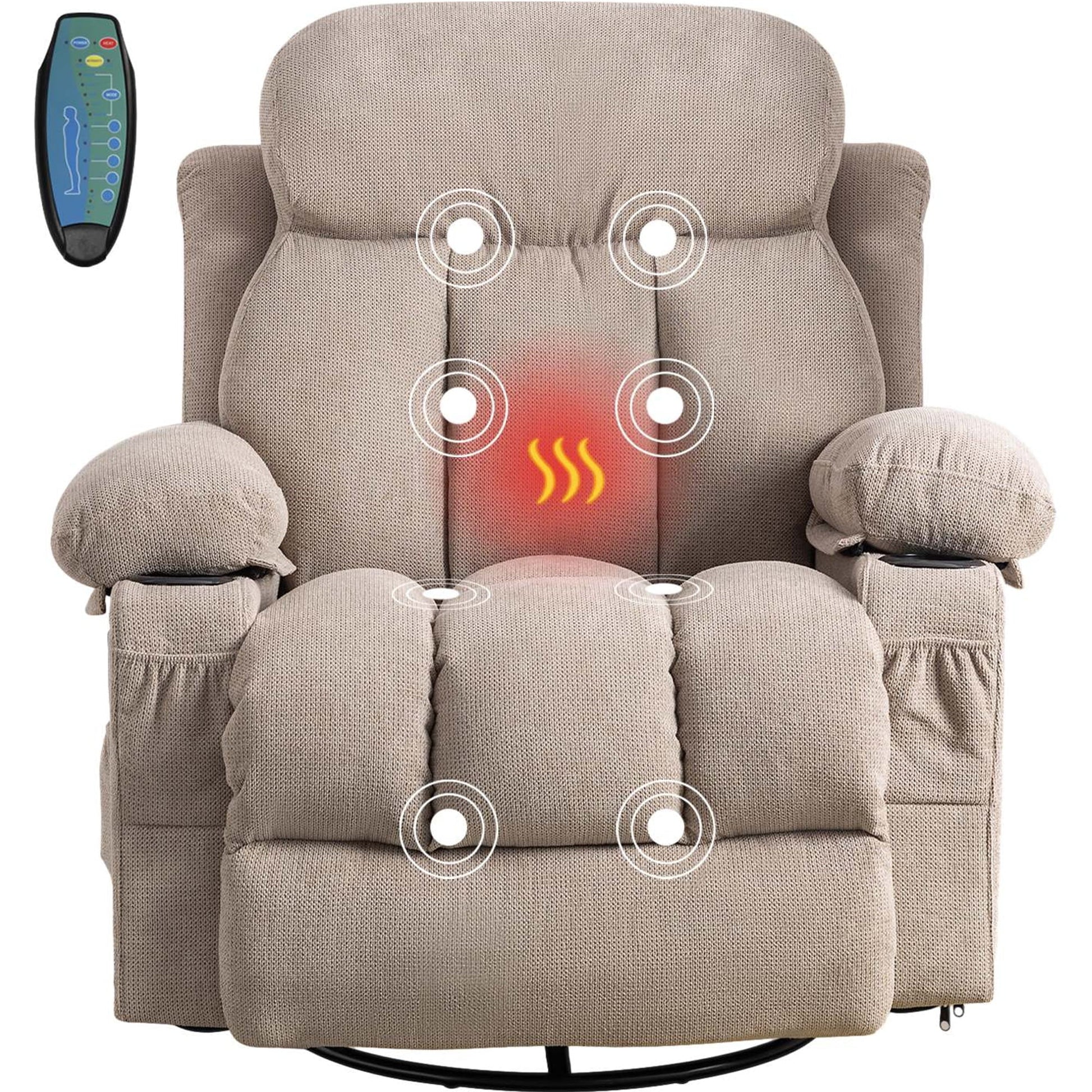 SYNGAR Manual Recliner Chair with Heat and Massage Function, Fabric Upholstery Recliner for Home Living Room Bedroom Nursery, Swivel Rocker Sofa Chair with USB Port and 2 Cup Holders, Beige