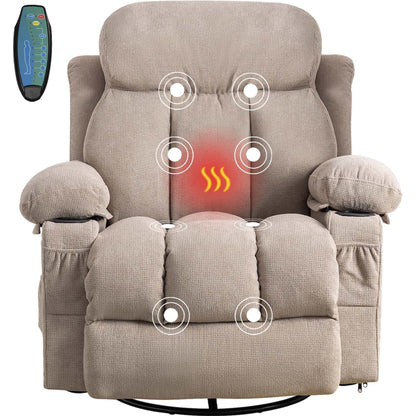 SYNGAR Manual Recliner Chair with Heat and Massage Function, Fabric Upholstery Recliner for Home Living Room Bedroom Nursery, Swivel Rocker Sofa Chair with USB Port and 2 Cup Holders, Beige