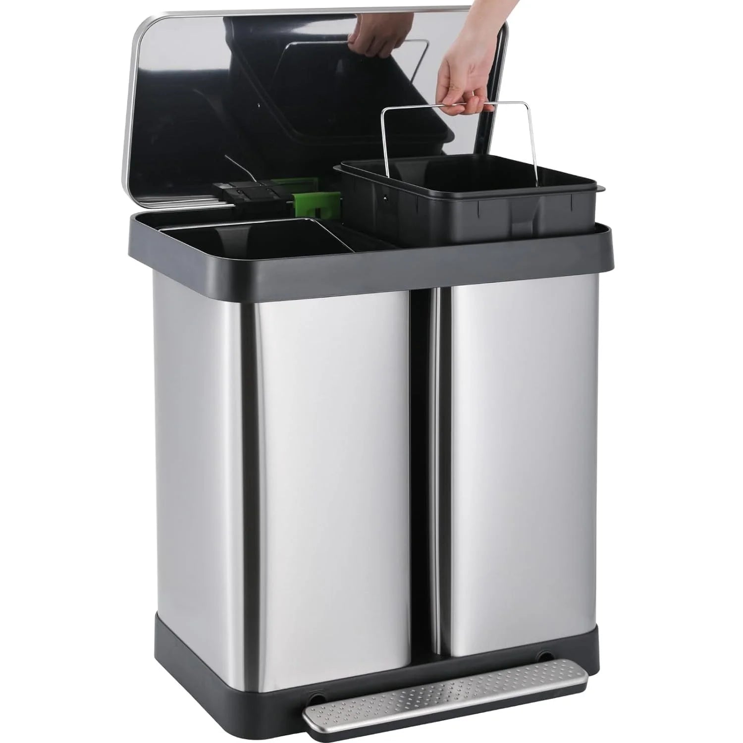 Arlopu 16 Gallon/60L Dual Trash Can, Stainless Steel Kitchen Garbage Can with Soft-Close Lid, Home Office Classified Recycle Bin
