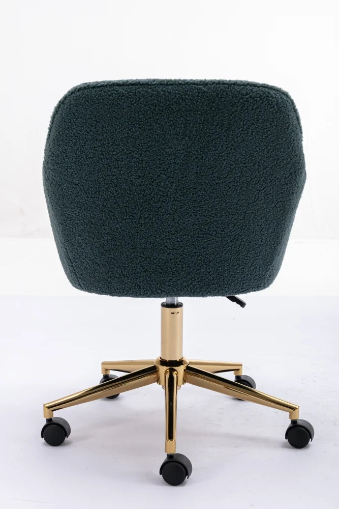 Modern Swivel Desk Chair, Teddy Fabric Home Office Task Chair Adjustable Swivel Mid-Back Cute Upholstered Accent Vanity Armchair with Gold Metal Legs and Universal Wheel for Home Office, Green