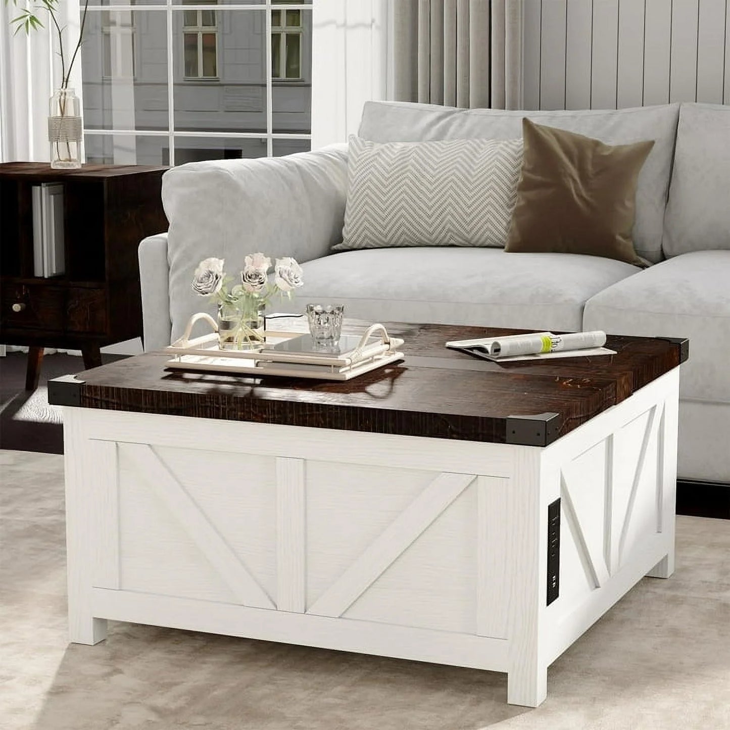 ChVans 35.6" Square Lift Top Coffee Table, Farmhouse Coffee Table with Storage & Charging Ports, Wood Center Table w/Large Hidden Space for Living Room Home Office