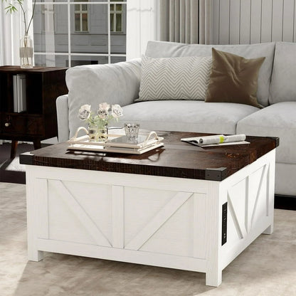 ChVans 35.6" Square Lift Top Coffee Table, Farmhouse Coffee Table with Storage & Charging Ports, Wood Center Table w/Large Hidden Space for Living Room Home Office