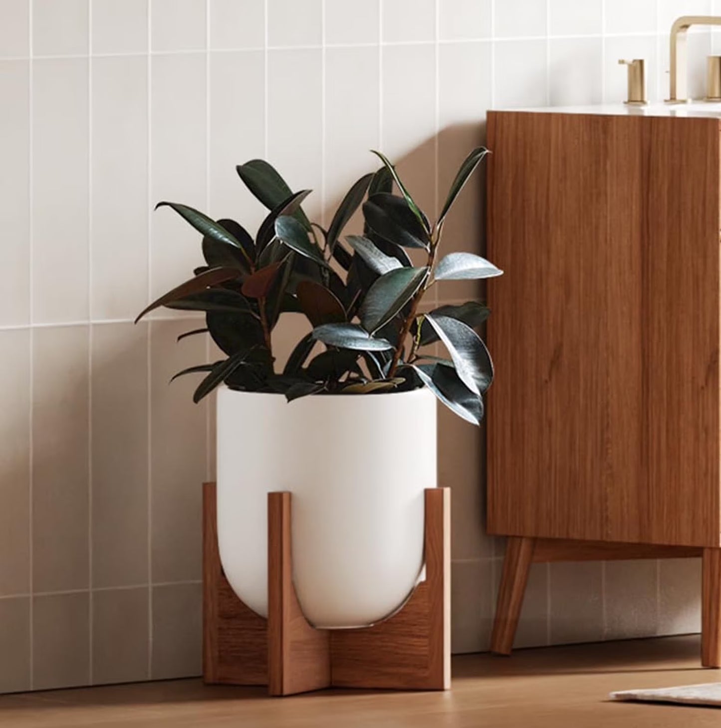 BEMAY 12" White Ceramic Planter with Wood Stand, Large Indoor Plant Pot and Flower Pot for Tall Plants and Houseplants, Mid Century Modern Decor