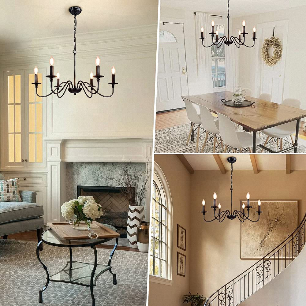 LOHASLED 6-Light Matte Black Finish Candle Style Chandelier,Farmhouse Hanging Light, Indoor for Foyer, Living Room,Dining Room, Bedroom