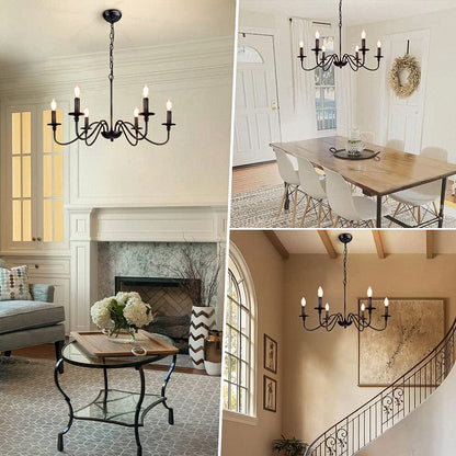 LOHASLED 6-Light Matte Black Finish Candle Style Chandelier,Farmhouse Hanging Light, Indoor for Foyer, Living Room,Dining Room, Bedroom