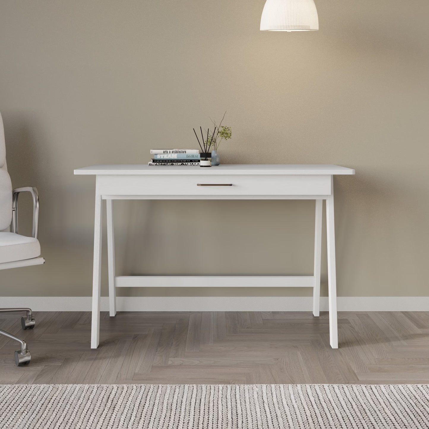 Home Design Serafina Writing Desk with Spacious Tabletop and Built-In Drawer, Modern Clean-Lined Design for Home Office, Study Space, or Remote Work, White