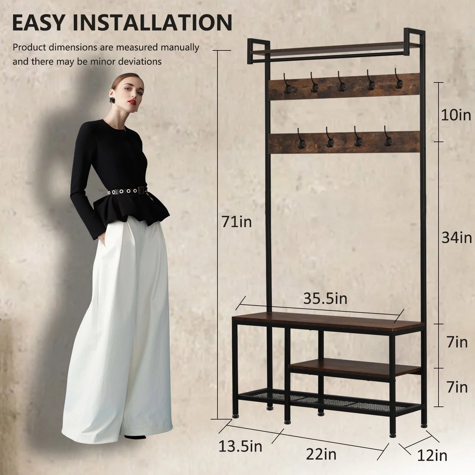 XXLYY Corner Coat Rack with Shoe Storage, Multifunctional Entryway Corner Shoe Rack with 14 Metal Hooks, Freestanding Corner Hall Tree Shelf Organizer for Home Office Bedroom