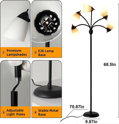 DINGLILIGHTING Floor Lamp Tall for Room: Flexible Gooseneck Floor Lamps Standing for Bedroom Home Office - Modern Floor Lights 5-Light