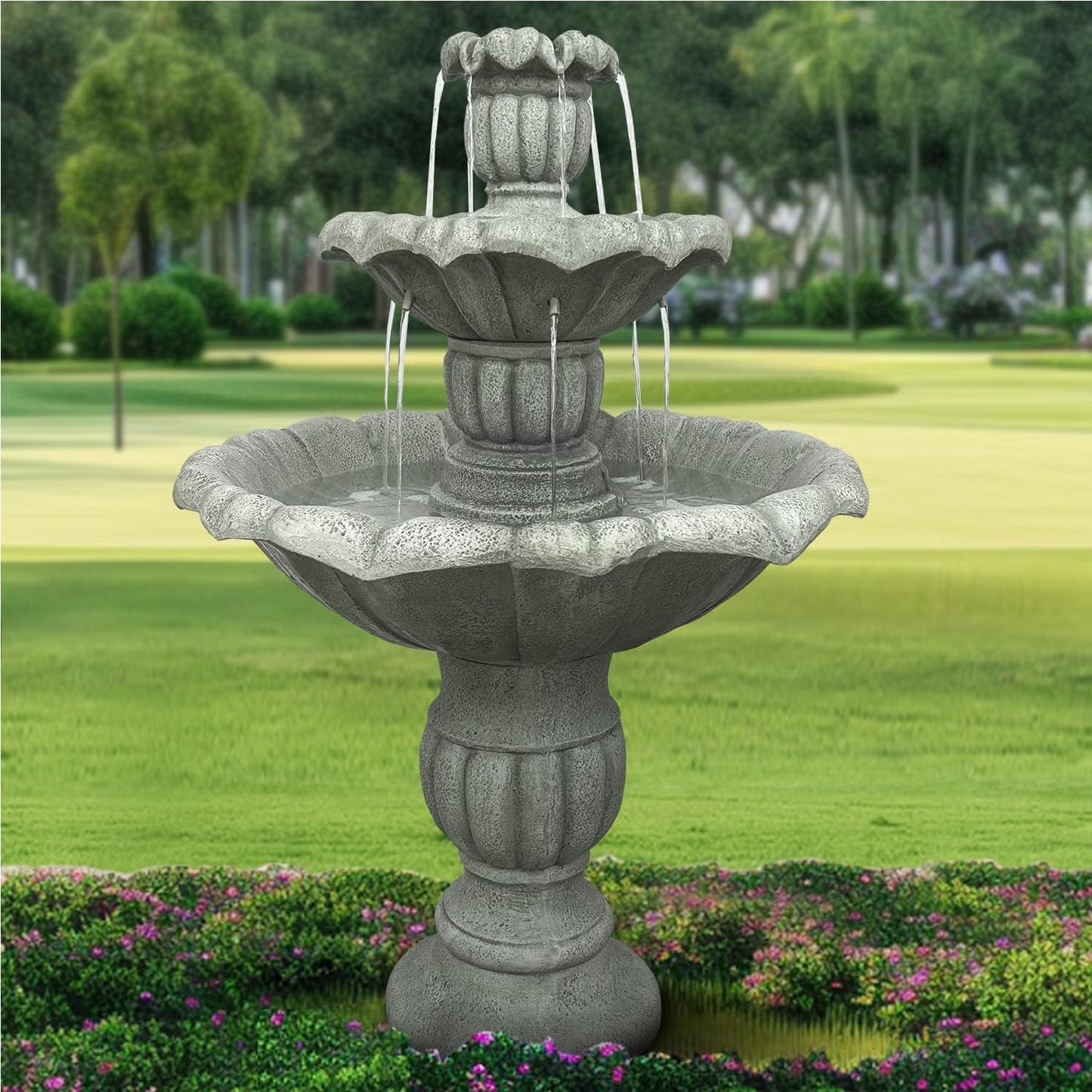 48°?H Outdoor Floor Water Fountain, 3-Tiers Concrete Water Fountain with Submersible Electric Pump - Garden Cascading Waterfall for Yard Patio Lawn Home Decor