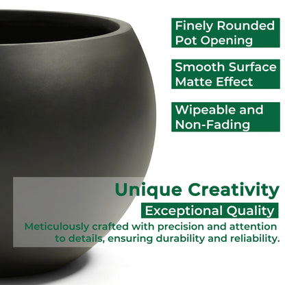 19.3" D x 13" H Fiberstone Large Size Planter, Black, 15" Pot Opening, Sphere Flower Pots with Drainage Hole, Weather Resistance Indoor/Outdoor Round Planters for Tree or Plants