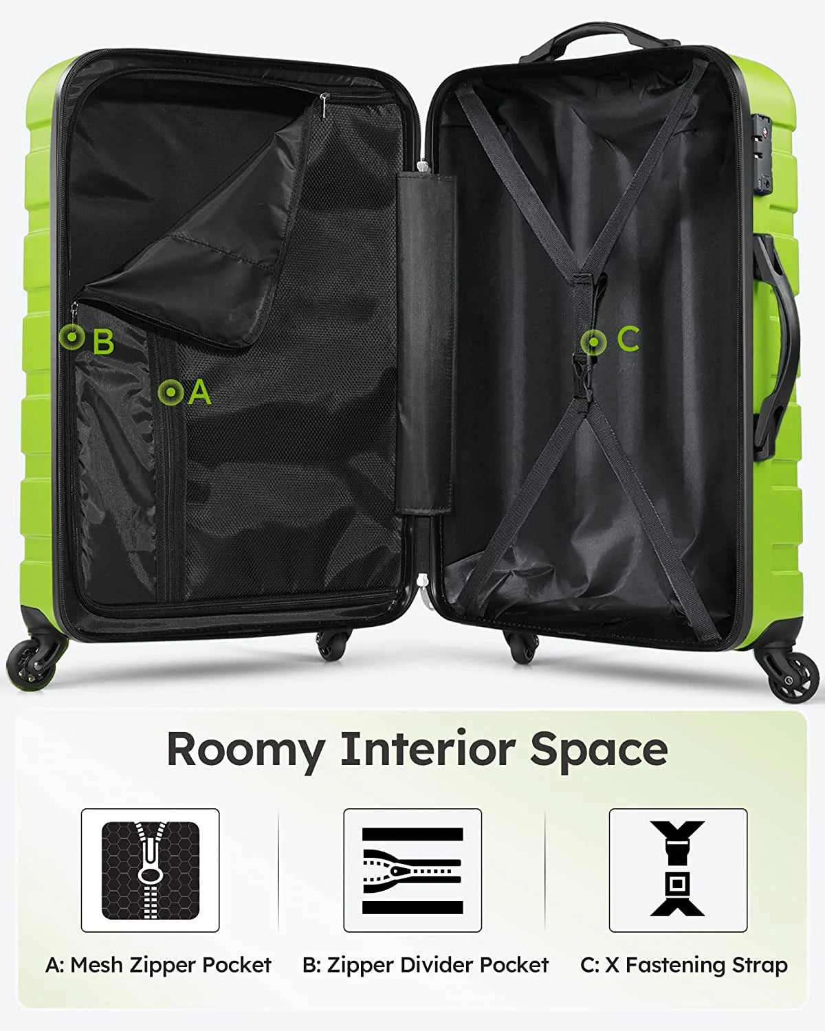 Luggage 3 Piece Sets Hard Shell Suitcase Set with Spinner Wheels20" 24" 28", Green