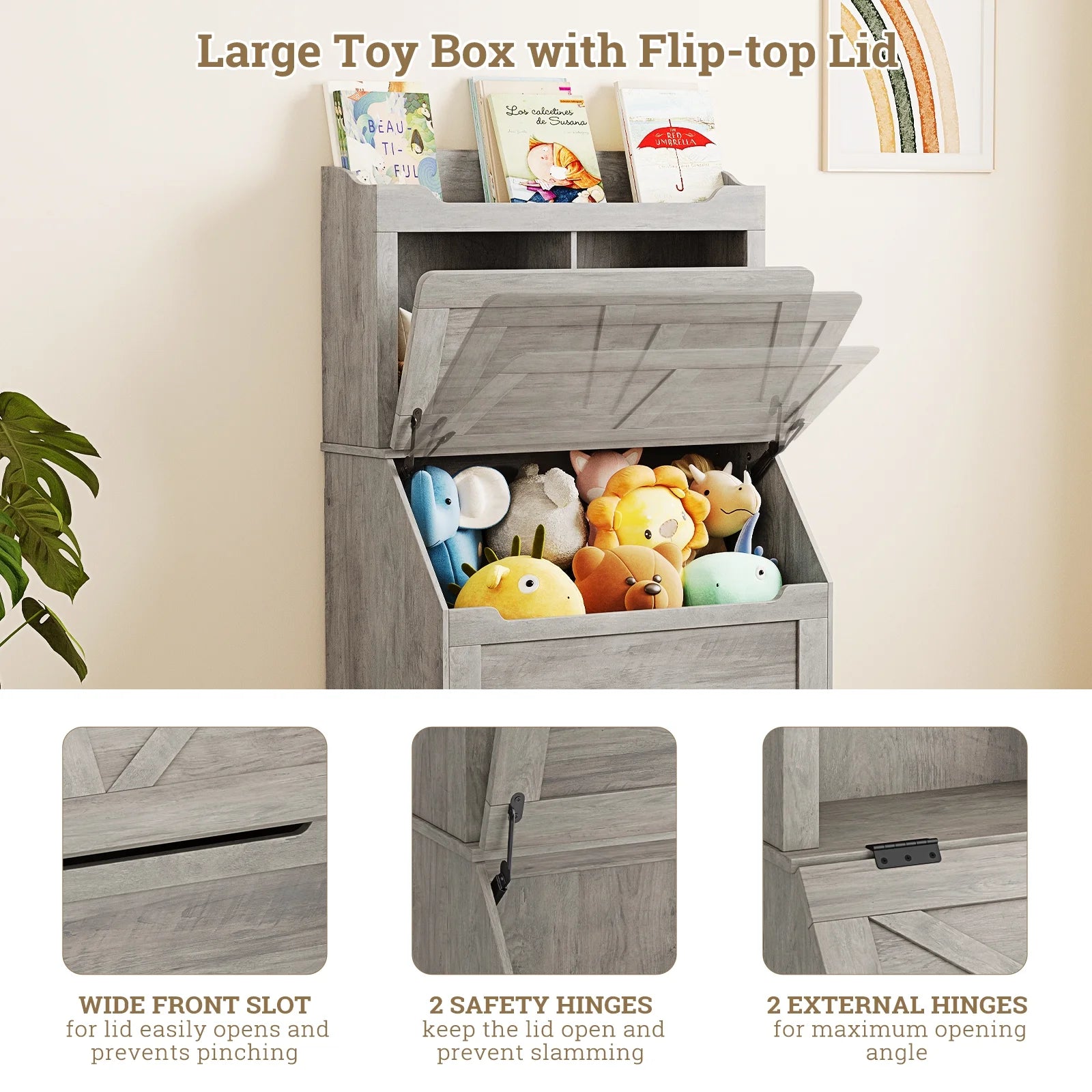 Kids Bookshelf and Toy Storage Organizer, Large Wooden Toy Box Chest with Flip-top Lid and Cubby, 3-Tire Children's Bookcase with Toy Storage Cabinet for Playroom Bedroom Nursery Kindergarten Hallway