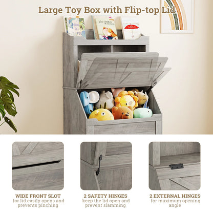 Kids Bookshelf and Toy Storage Organizer, Large Wooden Toy Box Chest with Flip-top Lid and Cubby, 3-Tire Children's Bookcase with Toy Storage Cabinet for Playroom Bedroom Nursery Kindergarten Hallway