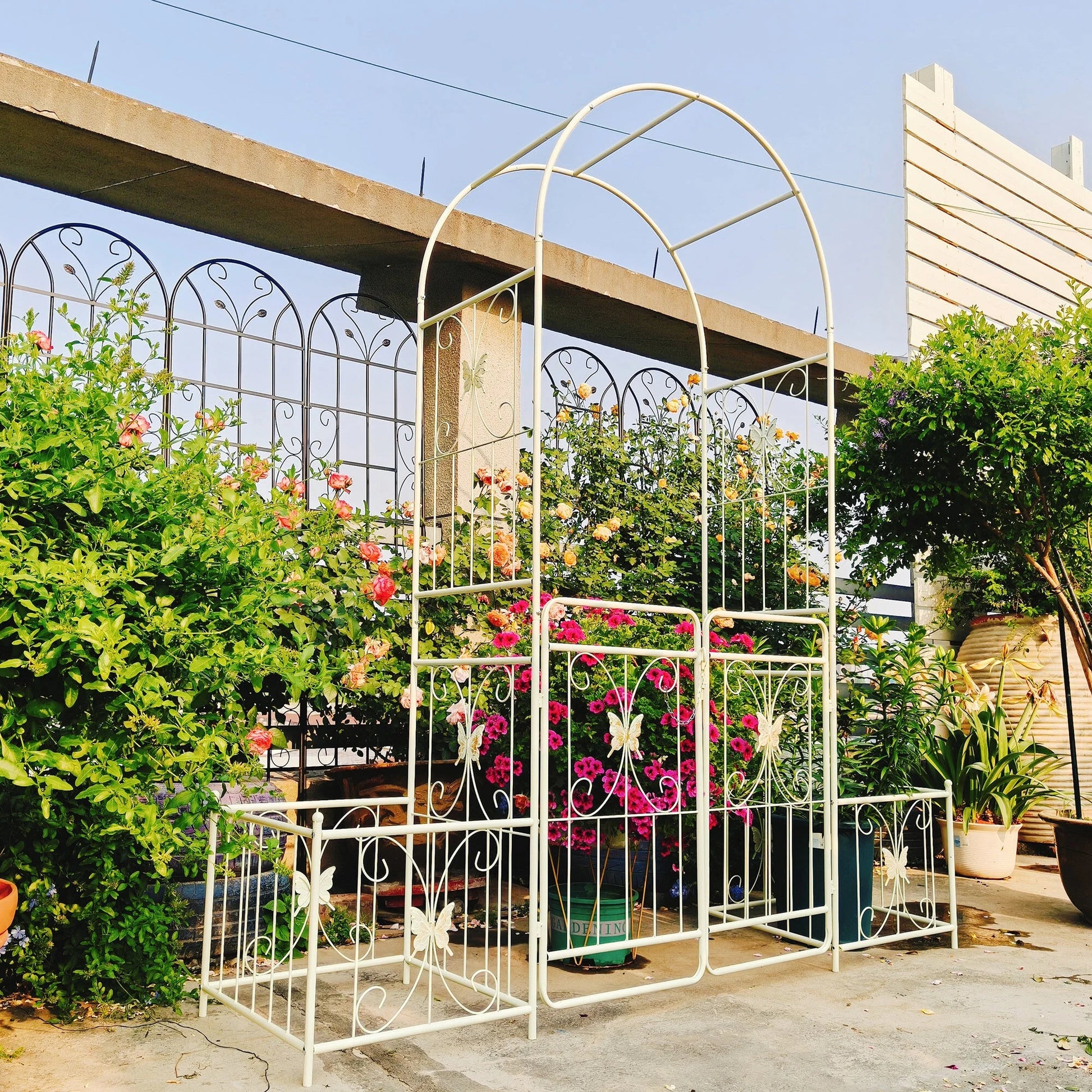 Garden Arch Metal Garden Arch with Gate 79.5'' Wide x 86.6'' High Climbing Plants Support Rose Arch Outdoor Cream White,Garden Trellis