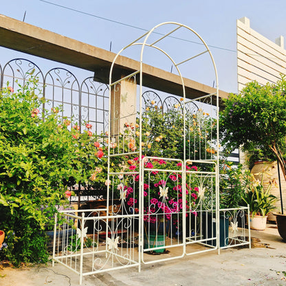 Garden Arch Metal Garden Arch with Gate 79.5'' Wide x 86.6'' High Climbing Plants Support Rose Arch Outdoor Cream White,Garden Trellis