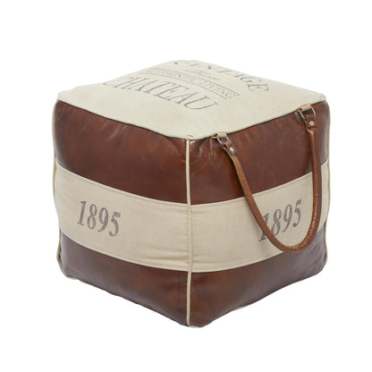 DecMode Rustic and Organic Square Ottoman Fabric Pouf features White Canvas and Brown Leather Handles with "Lonely Wolf" and Star Designs, 20"W x 19"H
