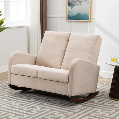 Modern Double Rocking Chair, Upholstered Oversized Glider Rocker for Baby Nursery and Kids, Loveseat Accent Armchair with High Back and Side Pocket, Extra Wide Lounge Chair for Living Room, Beige