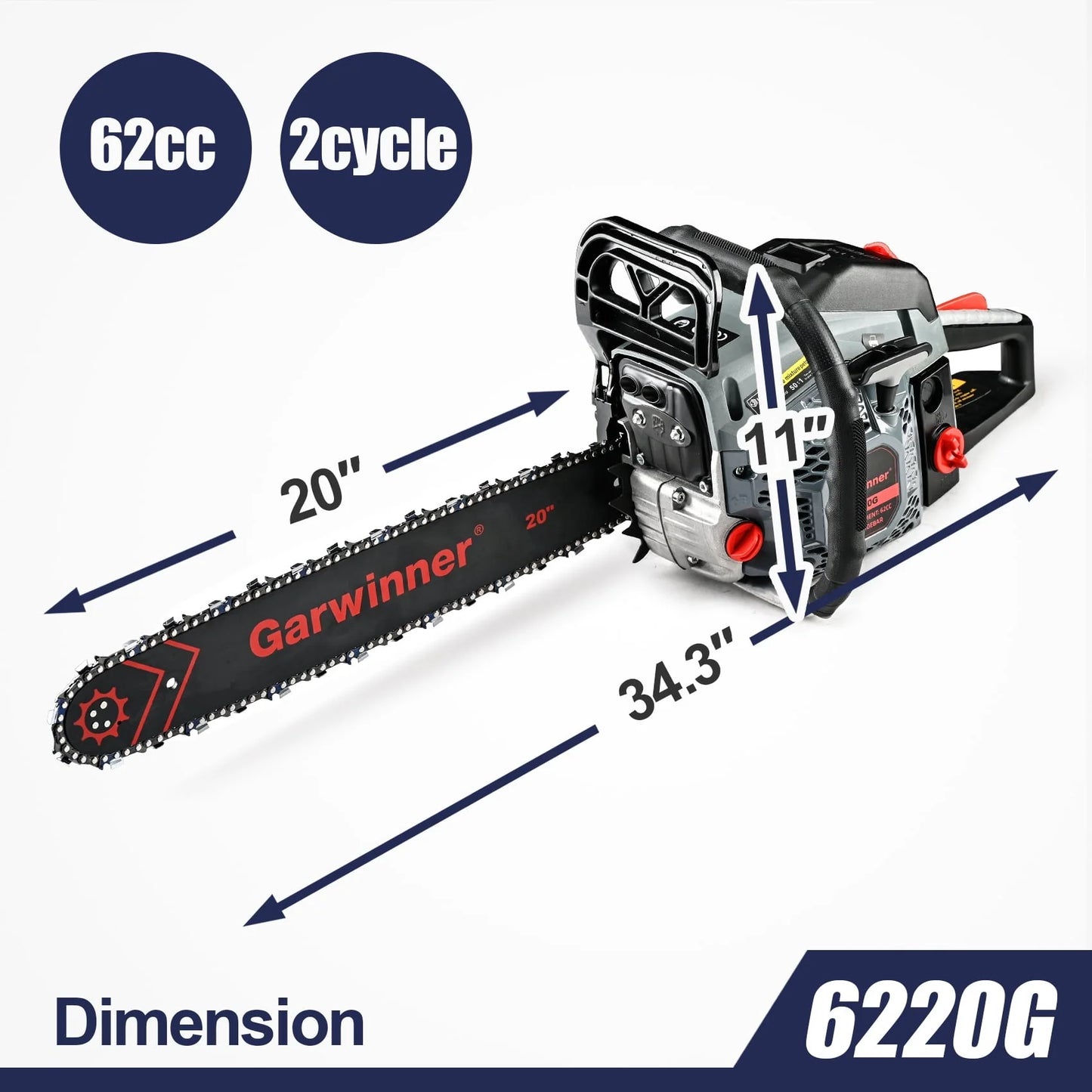 Garwinner Chainsaw Gas Powered 20in. 62CC 2-Stroke Gasoline Chainsaw for Trees/Farm/Garden 6220G