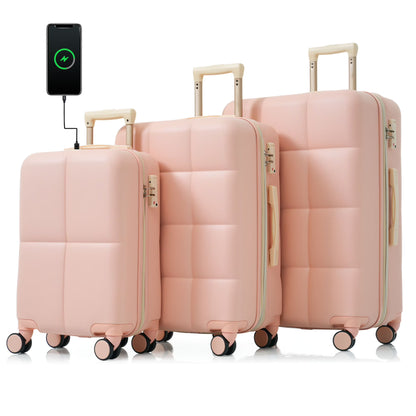POWANLI 3PCS Luggage Set,20'' Luggage with USB Port, Airline Certified Carry-on Luggage set with Cup Holder, ABS Hard Shell Luggage with Spinner Wheels Beige+Gold