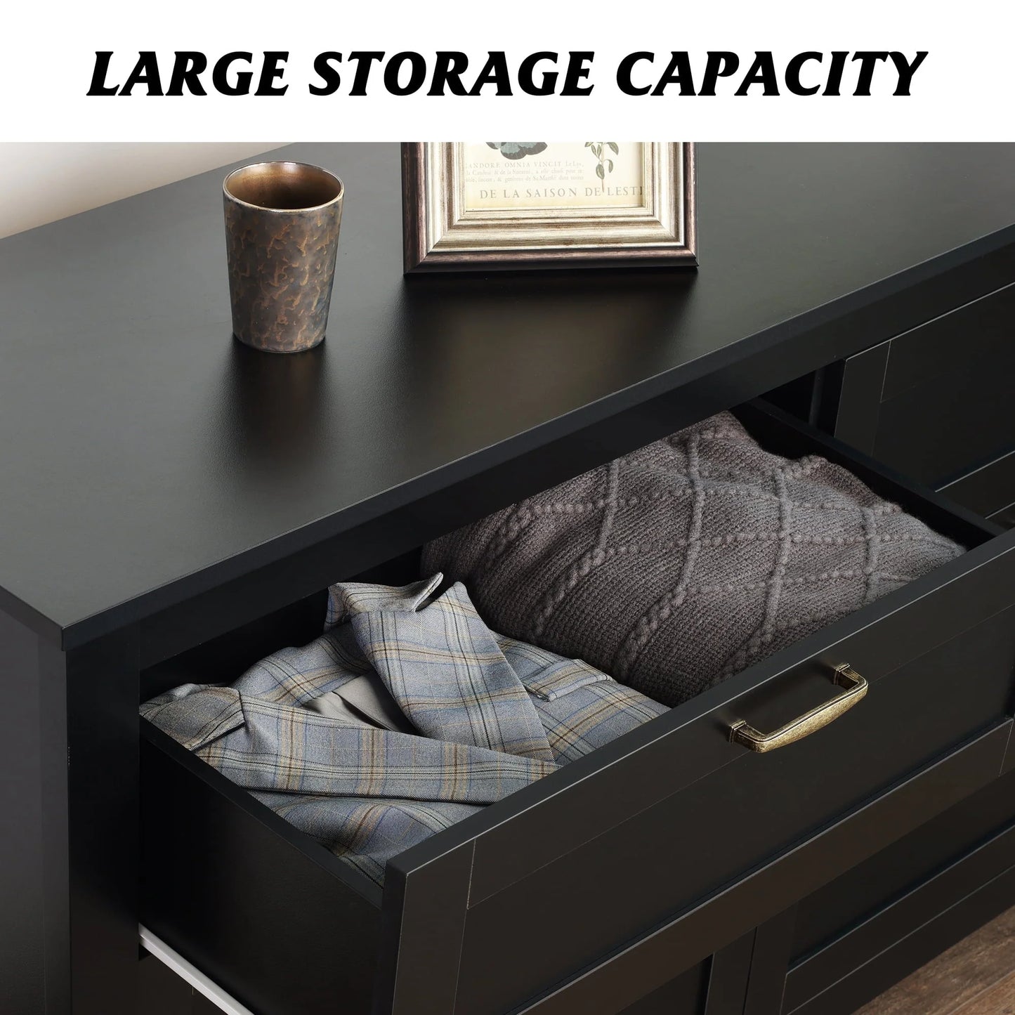WLIVE Black Dresser for Bedroom, Double Dresser with Chest of 6 Drawers for Living Room & Nursery Toddlers Room, Retro Chest of Drawers with Metal Handle, Double Wood Dresser, Large Storage Cabinet