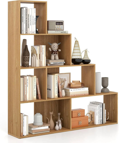 JTYUB 4-Tier Stepped Bookshelf, Freestanding 6 Cubes Ladder Bookcase with Anti-Tipping Kits, 64" Tall Modern Wooden Storage Display Rack for Home Office Living Room Study ,1 PCS,Natural