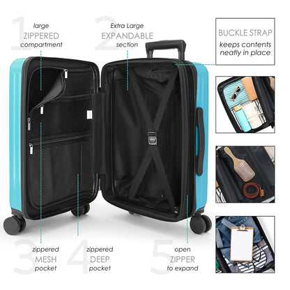 StorageBud 20 inch Hardside Carry-On Expandable Luggage, Front Pocket Luggage Set Spinner Suitcase Set, Teal