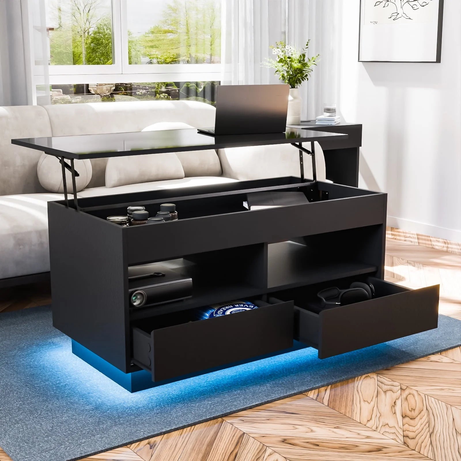 Hommpa Lift Top Coffee Table with 2 Drawers High Gloss Rectangle Black Coffee Table with LED Lights and Hidden Storage for Living Room Home Office Center Cocktail Tables 25.19" Height