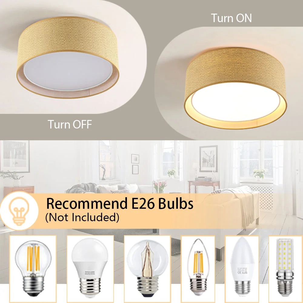 LEDET 15.7 in. Yellow Flush Mount Ceiling Light Rattan Weaving Shade Home Decor Pendant Lighting