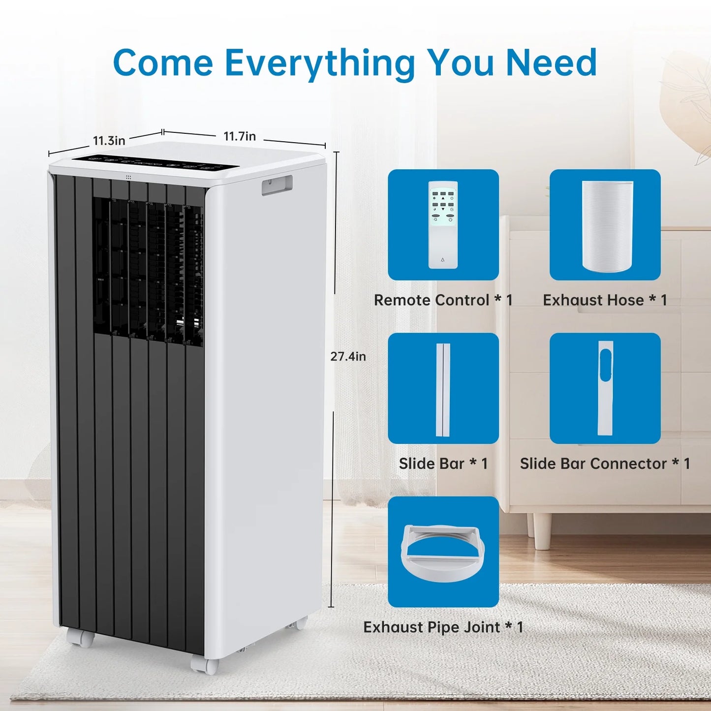 8,000 BTU Portable Air Conditioner, Cools up to 350 Sq. Ft., LED Touch Panel, Built-in Dehumidifier, Fan, 3 in 1 A/C Unit with Remote Control for Home Office Dorm RV