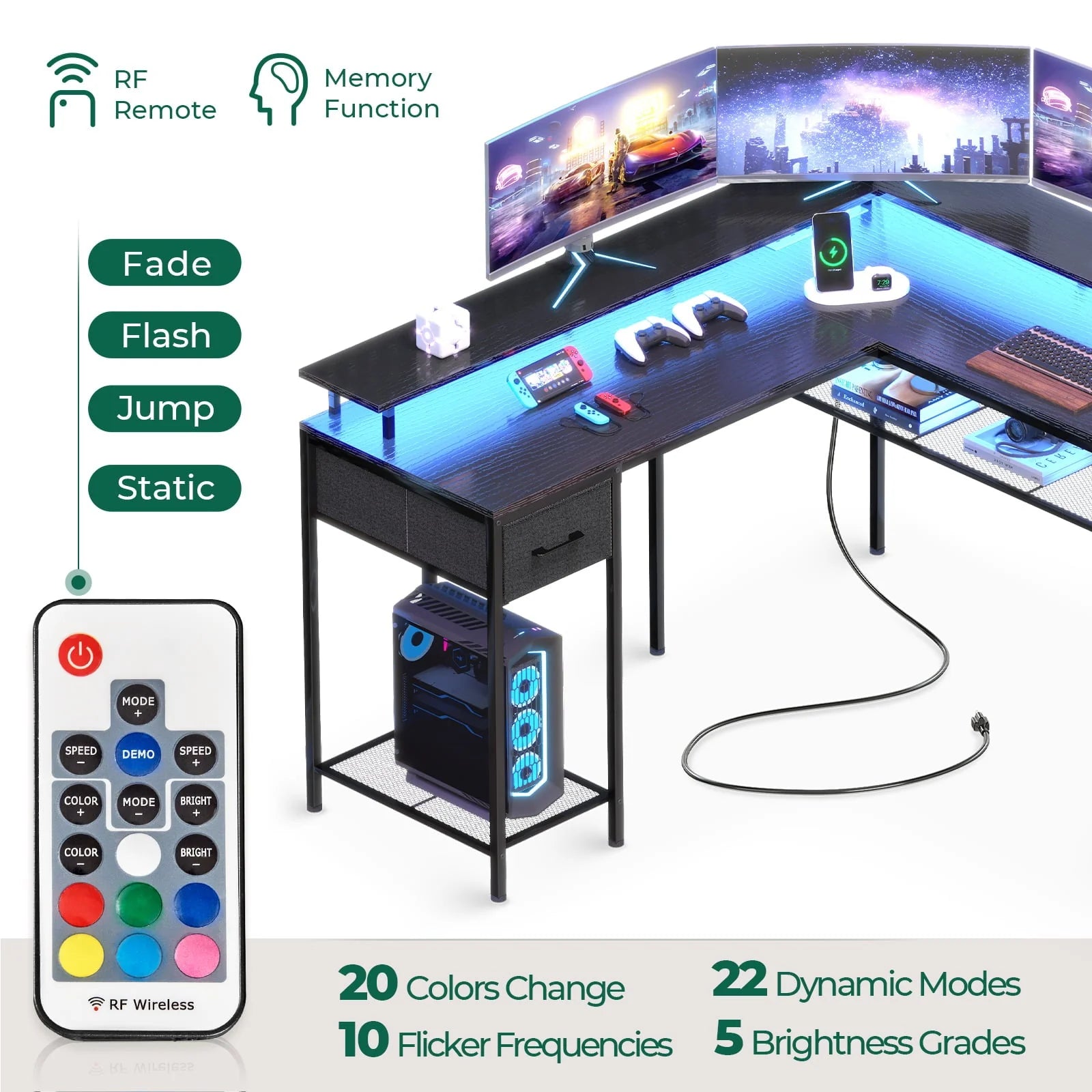 Huuger Gaming Desk with LED Lights & Power Outlets, L Shaped Desk Computer Desk with Storage Shelves, Fabric Drawer, Monitor Stand, Home Office Desk, Corner Desk, Black