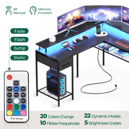 Huuger Gaming Desk with LED Lights & Power Outlets, L Shaped Desk Computer Desk with Storage Shelves, Fabric Drawer, Monitor Stand, Home Office Desk, Corner Desk, Black