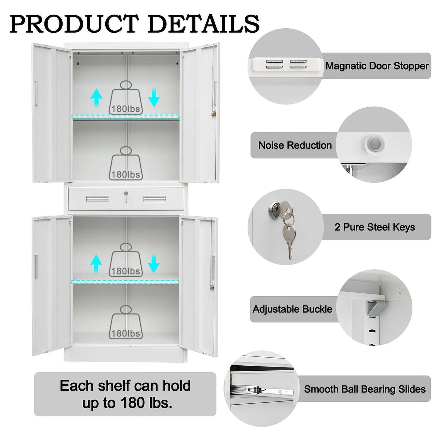 Metal Storage Cabinets with 1 Drawer and Adjustable Shelves, Locking Storage Cabinet for Pantry Kitchen Home Office Garage Living Dining Room (White)