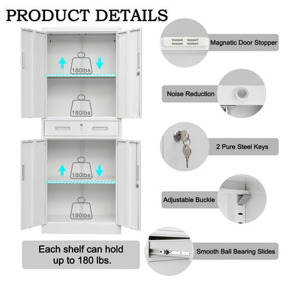 Metal Storage Cabinets with 1 Drawer and Adjustable Shelves, Locking Storage Cabinet for Pantry Kitchen Home Office Garage Living Dining Room (White)