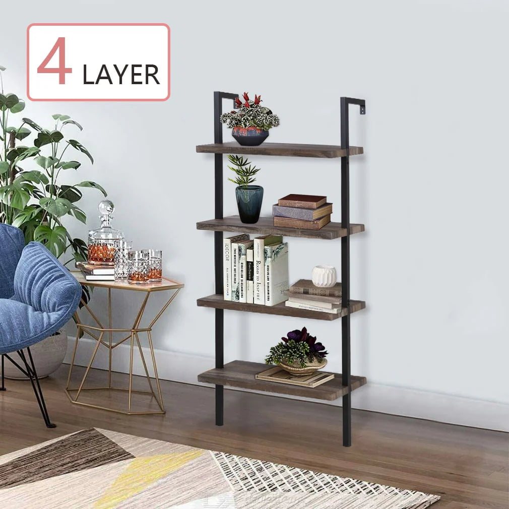 FDW 4-Shelf Bookcase Open Wall Mount Ladder Bookshelf with Industrial Metal Frame For Home Office Study, 60-inch
