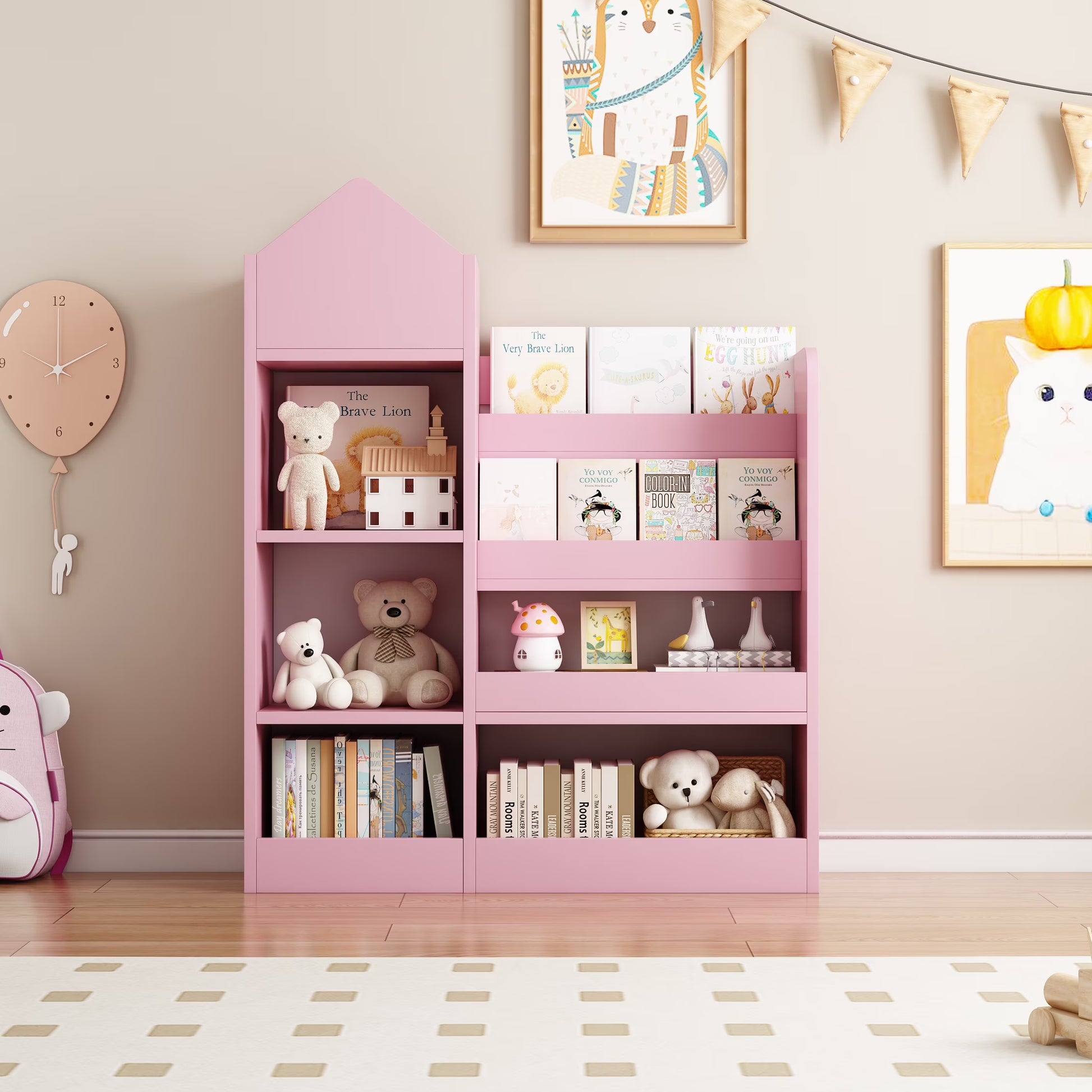 PORKISS Bookshelf for Kids, Wood Kids Bookcase with Toy Storage Organizer, Freestanding Book Shelf with 6 Compartments and 2 Baskets Bins for Kids Bedroom, Nursery, Playroom, Natural