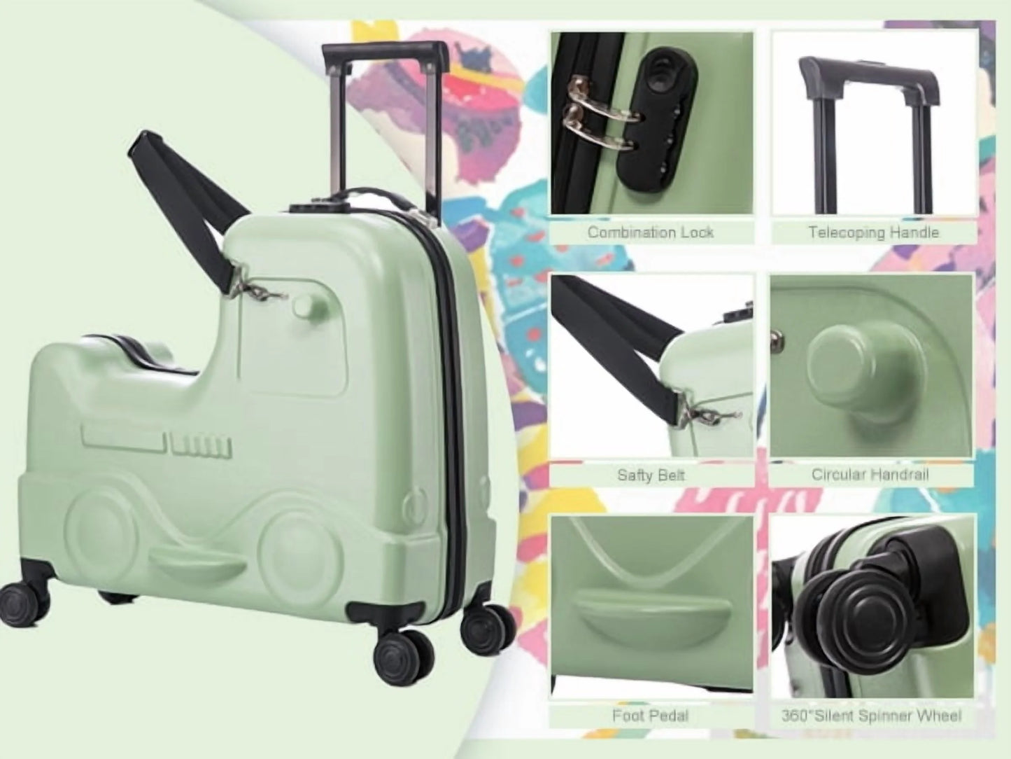 Apelila 22 inch Ride on Suitcase for Kids Travel Luggage Trolley Suitcase with Spinner Wheels Travel Suitcase for Child with Combination Lock/Safety Belt/Telescoping Handle