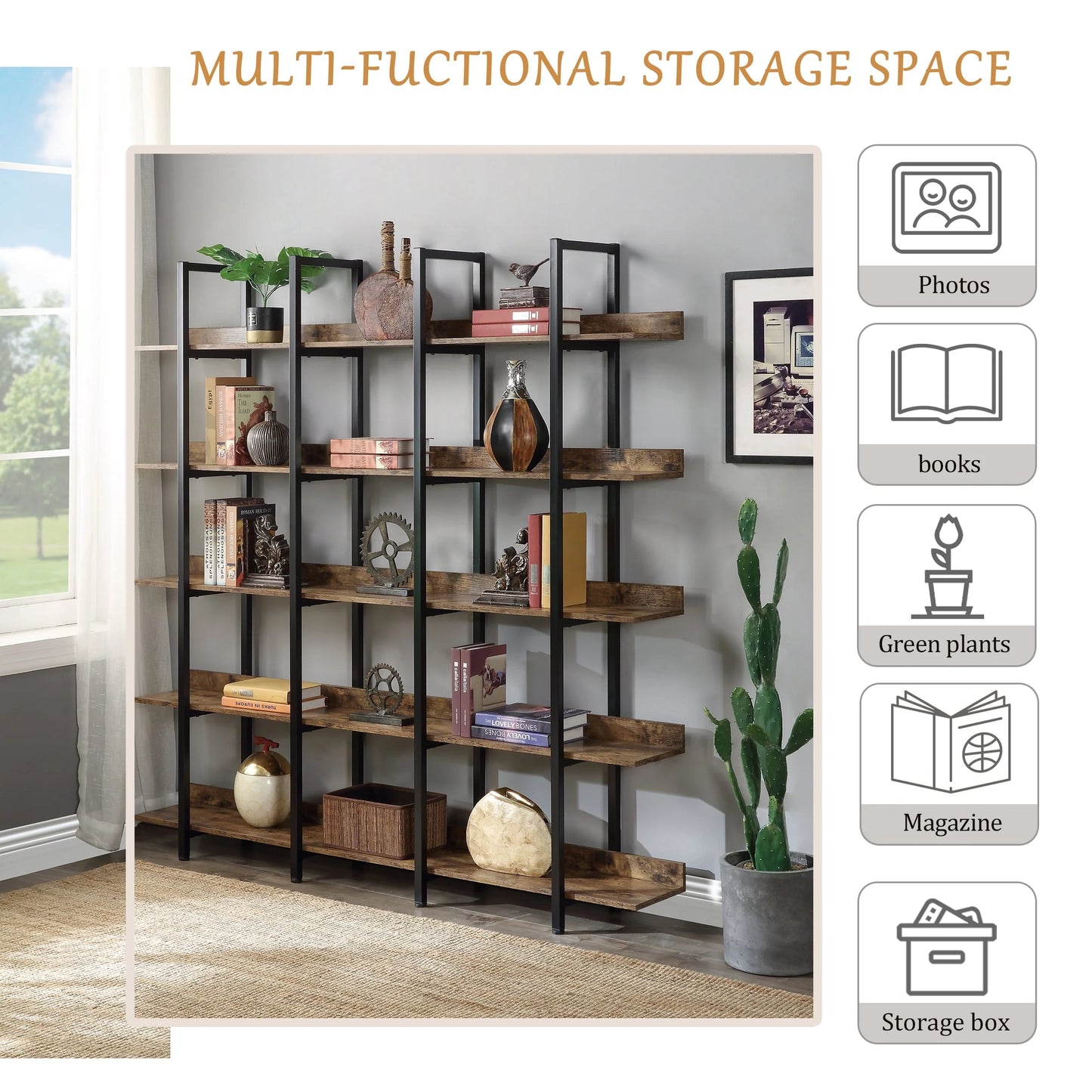 Bellemave 5 Tier Large Open Bookshelf, Home Office Display Shelves with Metal Frame, Vintage Industrial Bookcases with Back Fence, High-quality MDF Board (Brown)